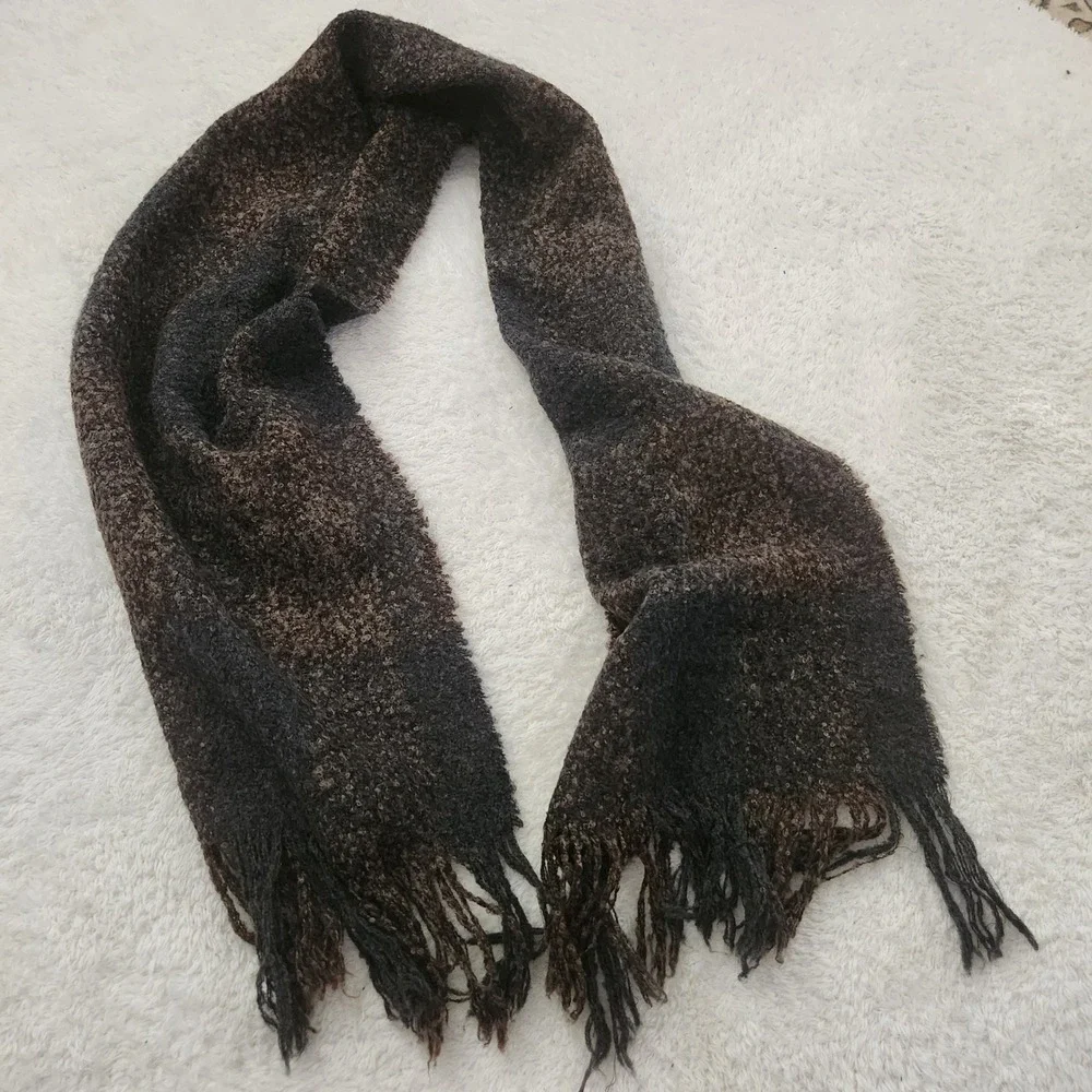 Kenneth Cole New York Scarf Plaid Boucle Knit Fringe Charcoal‎ Brown Grey Mens